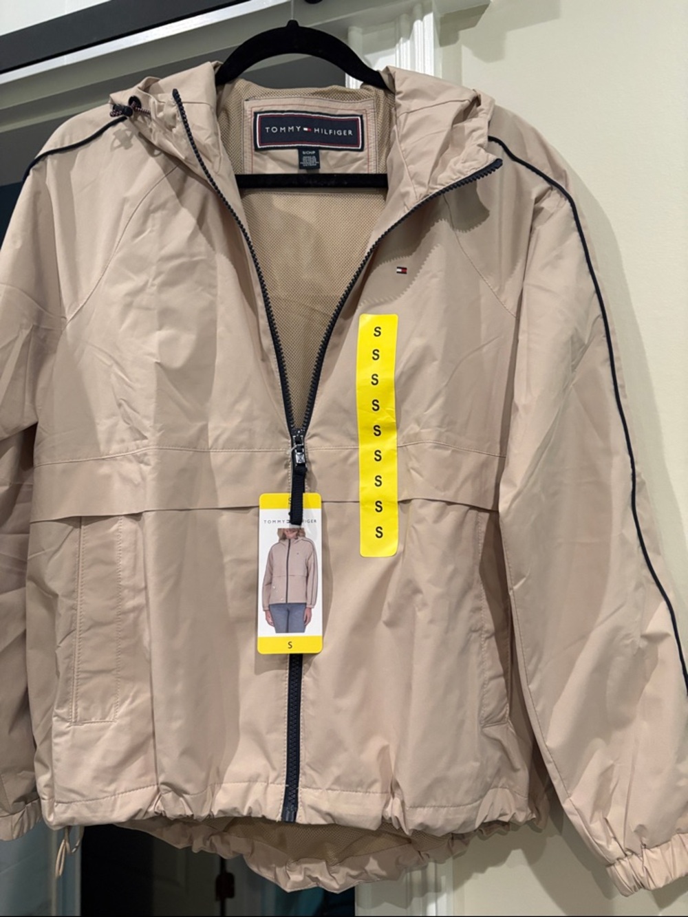 Tommy Hilfiger Light Beige Hooded Windbreaker with Black Trim